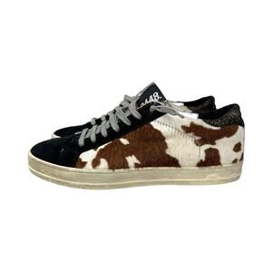 P448 Cow Print Calf Hair Sneakers Glitter Tongue Leather Shoes EU 38 Designer